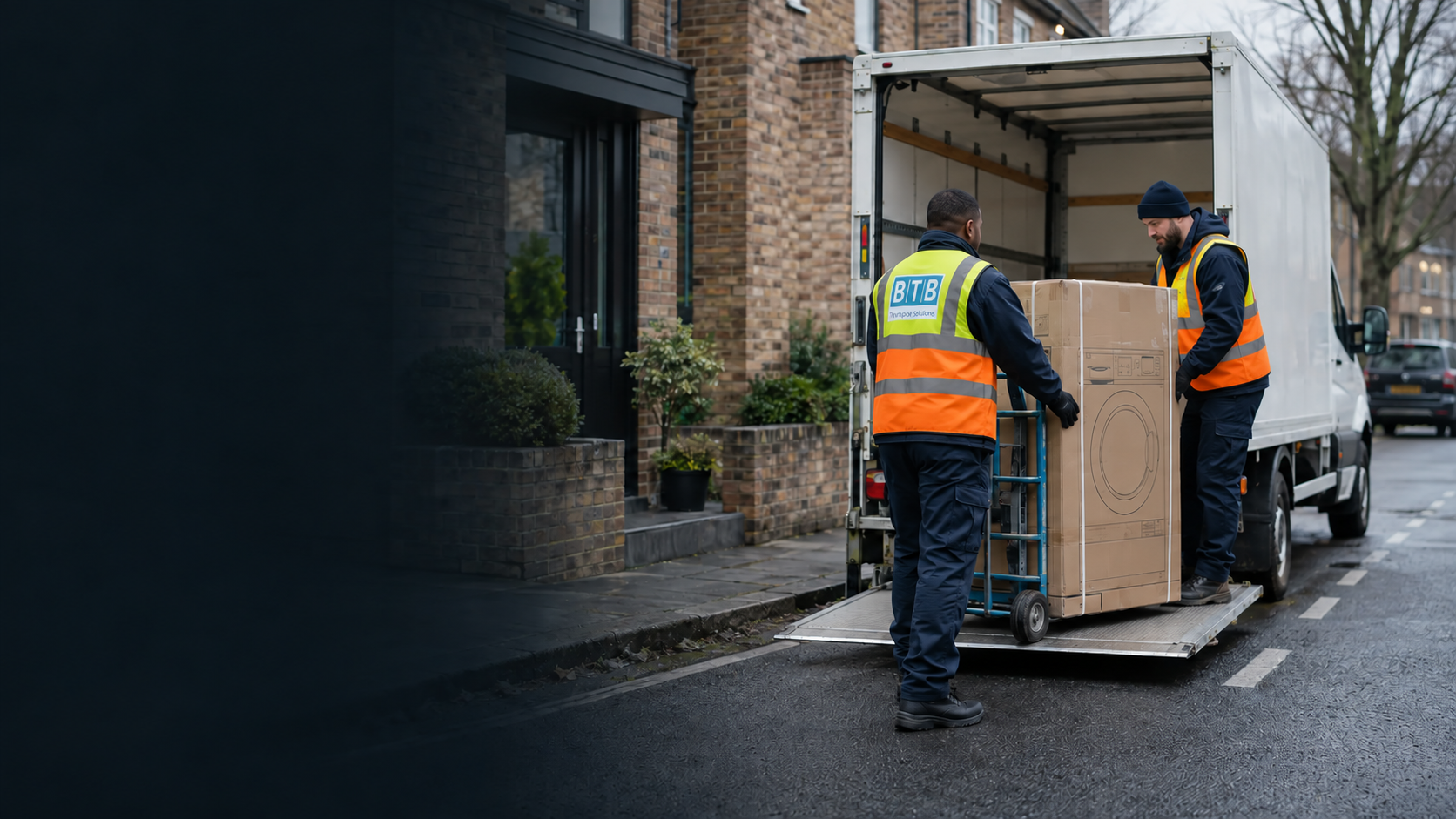 Illustration of a two person delivery crew wearing yellow and orange BTB branded vests beside a Luton van